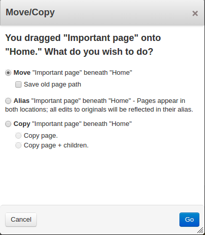 Confirm you want to move the restored page. Copying a page back in Concrete5