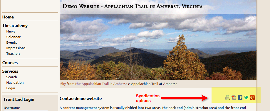 Front end showing the Syndication options