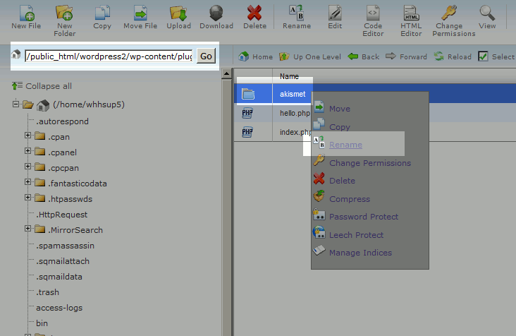 in your file manager right click on akisment and click rename
