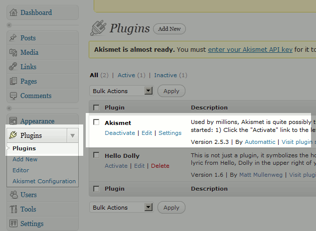 the akismet plugin is currently enabled
