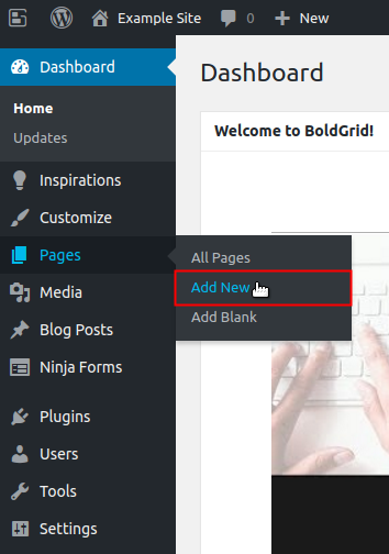 Add Pages menu expanded and Add New link highlighted