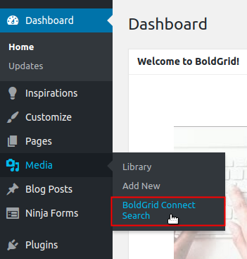 BoldGrid Connect Search inside of Media menu option highlighted