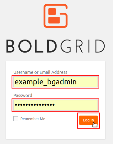 BoldGrid login screen, username and password fields and login button highlighted