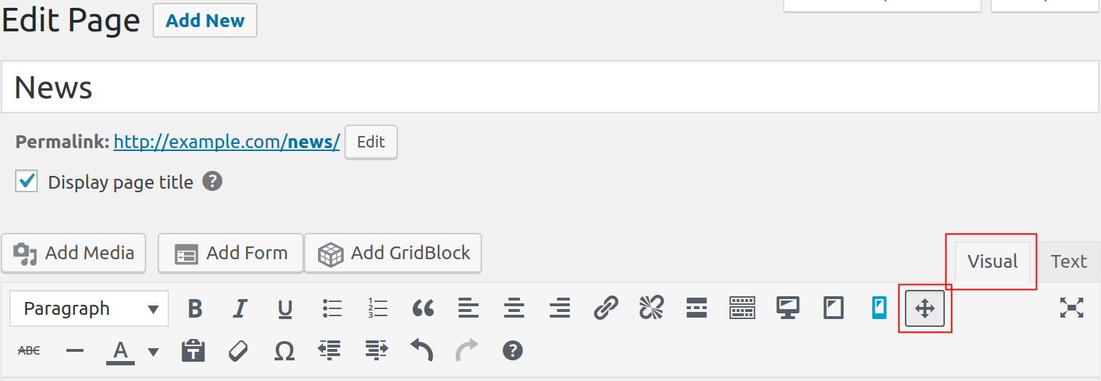 Top of Page Editor displaying BoldGrid Editing and Visual Editor enabled icons highlighted