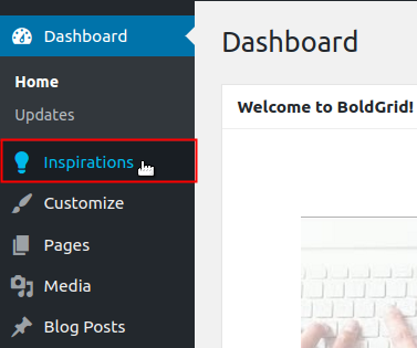 Inspirations option highlighted in dashboard menu options