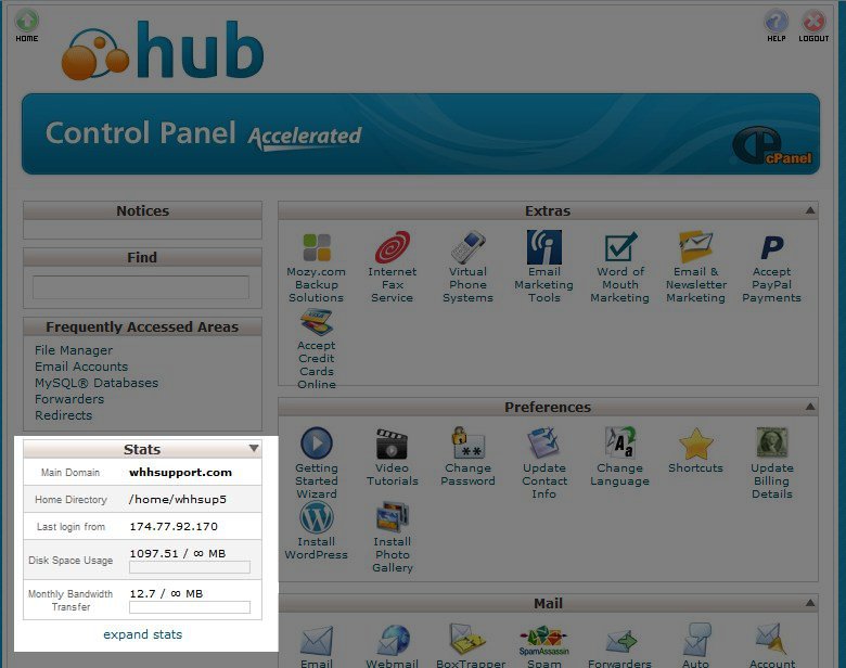 View your cPanel stats on the left side of your cPanel home screen.