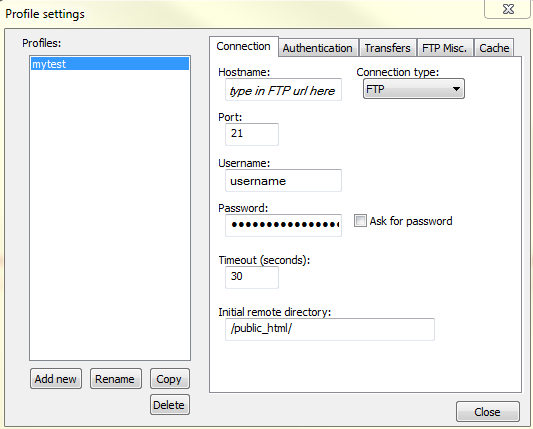 Profile settings for FTP account
