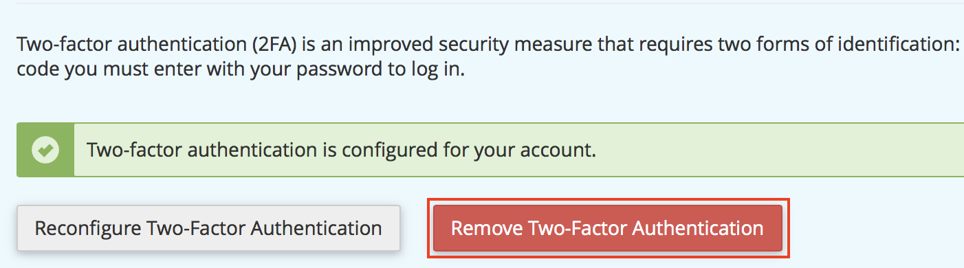 cPanel Two-Factor Authentication Remove Two-Factor Authentication button highlighted.