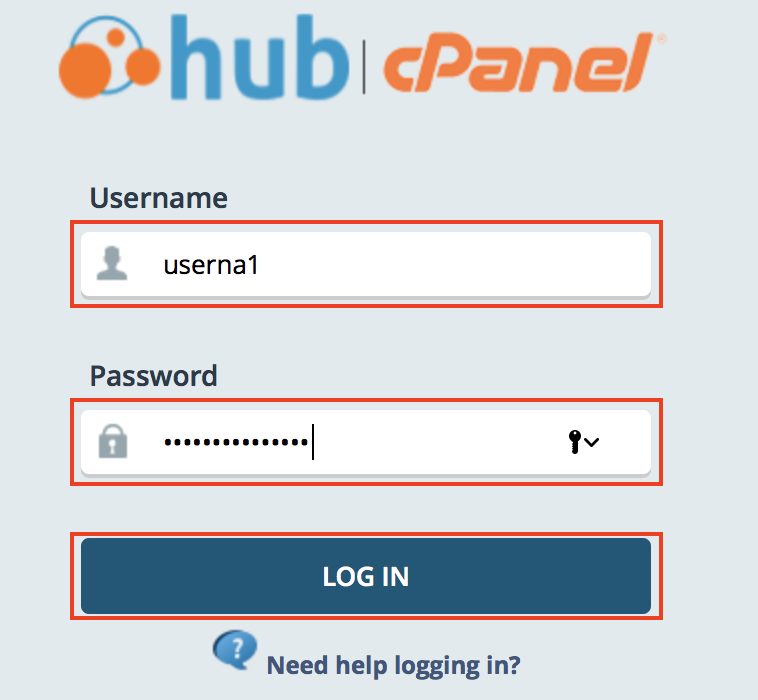 cPanel login screen displayed with user name and password fields and Login button highlighted.