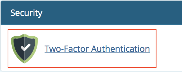 cPanel Security section with Two-Factor Authentication icon highlighted.