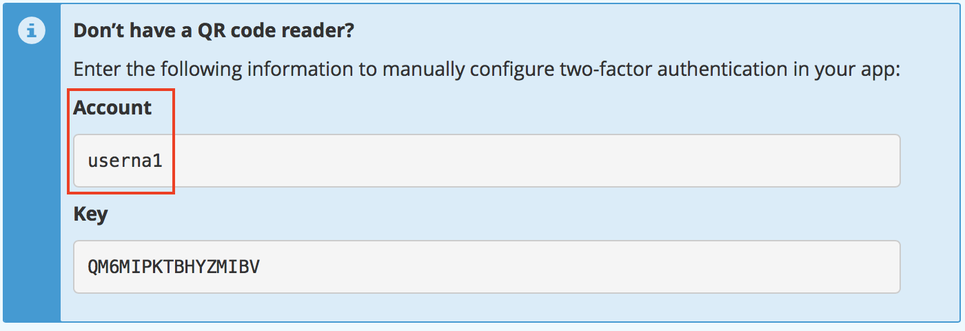 cPanel Set Up Two-Factor Authentication Manual Entry Account field highlighted.