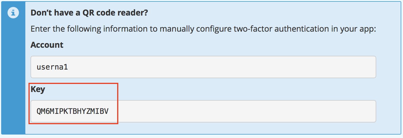 cPanel Set Up Two-Factor Authentication Manual Entry Key field highlighted.