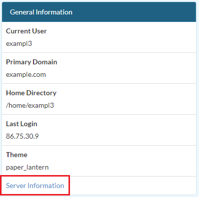 cPanel General Information subheader displayed with Server Information link highlighted.