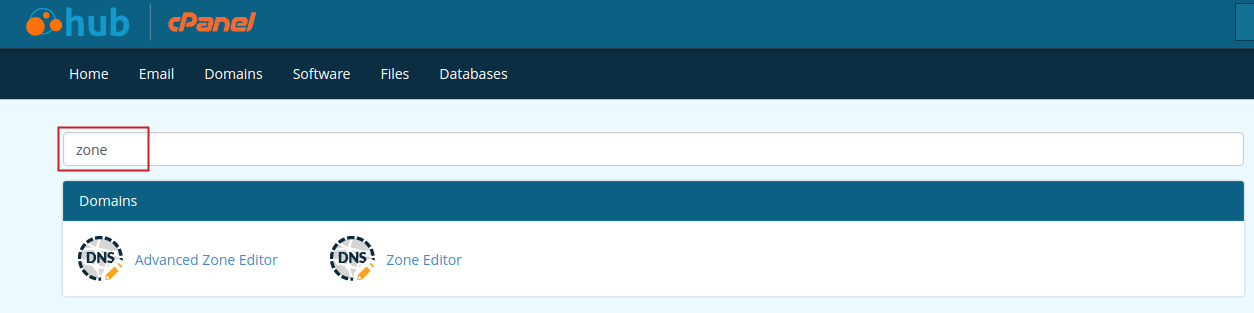cPanel search bar with 'zone' entered and highlighted.