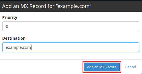 Zone Editor pop-up box Add an MX Record button highlighted.