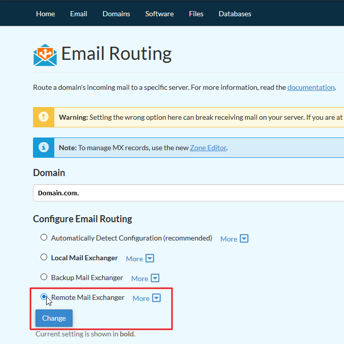 Screenshot selecting Remote Mail Exchanger in Email Routing