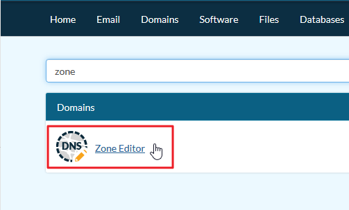 Screenshot selecting Zone Editor from cPanel