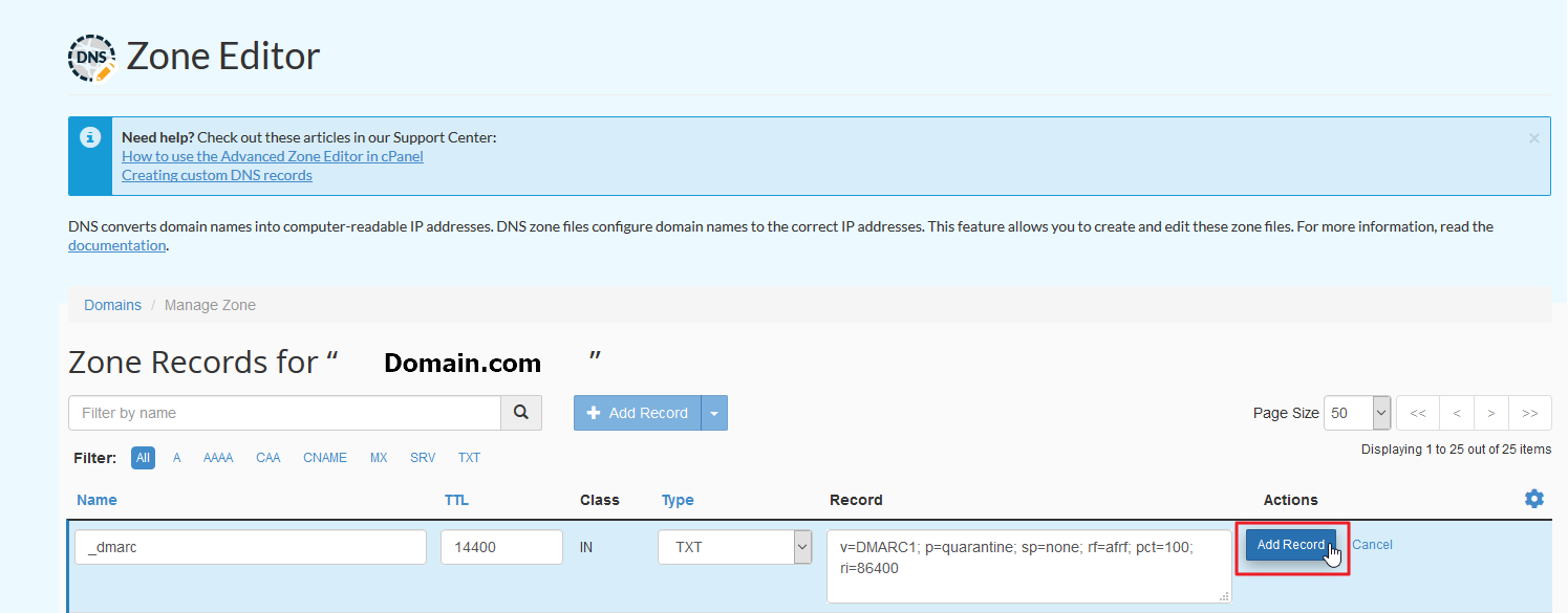 New DMARC record in cPanel