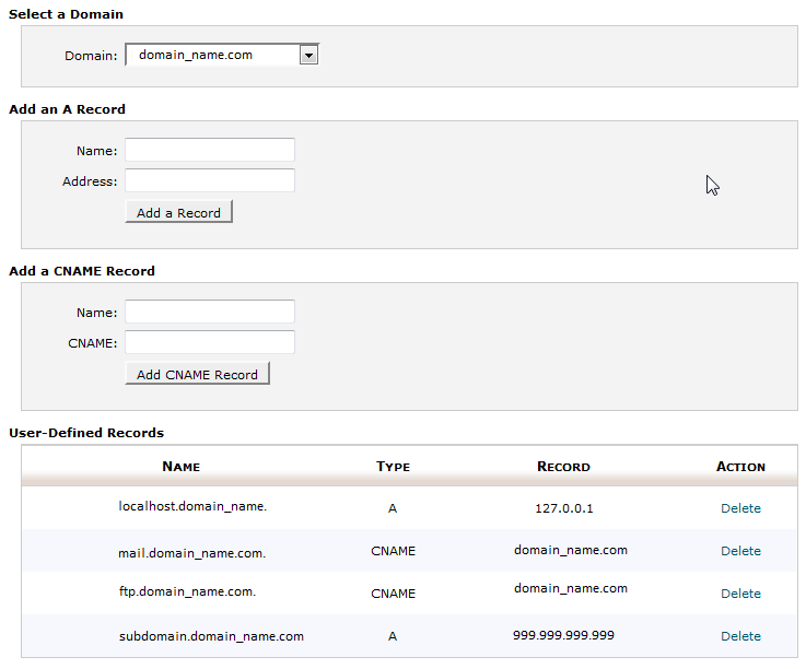 Example of the Simple DNS editor screen in the cPanel