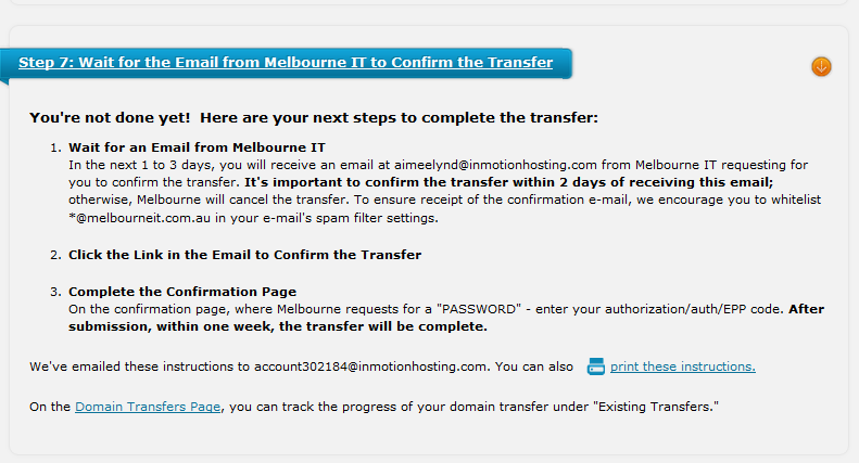 Confirm transfer email from Melbourne It