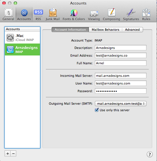 Account info for outgoing mail server
