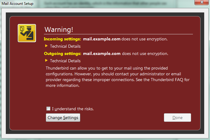 Thunderbird warning screen for not using SSL