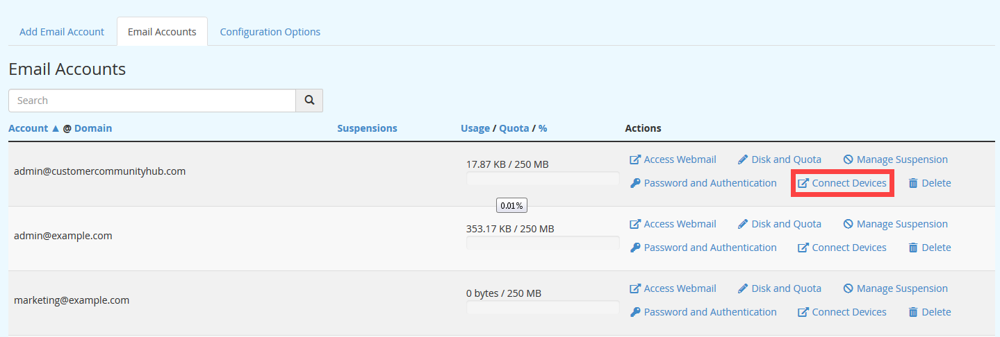 View of the Accounts list in the mail section of Cpanel
