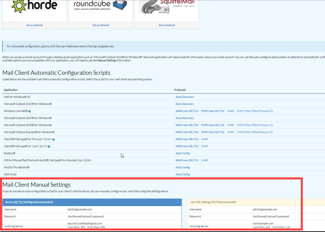 Webmail view of configuration settings