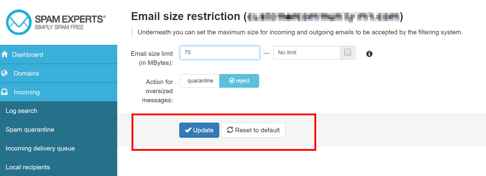 How to set an Email Size Limit in SpamExperts Web Hosting Hub