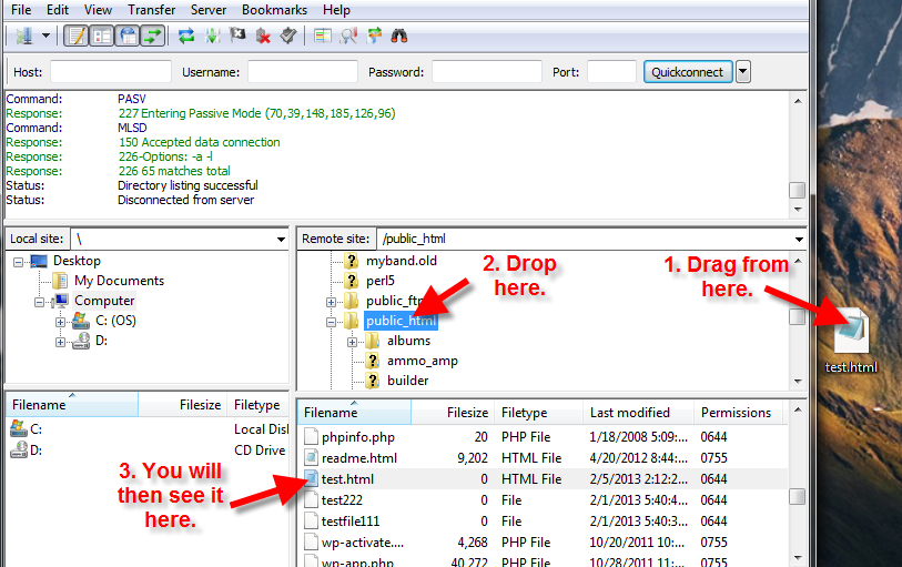 Infographic of dragging and dropping file to upload into FileZilla