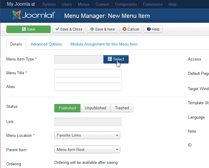 Select the menu link Joomla