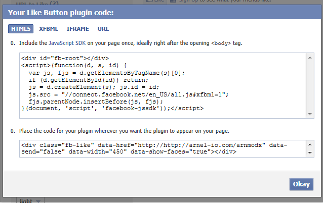 Facebook window with code for button