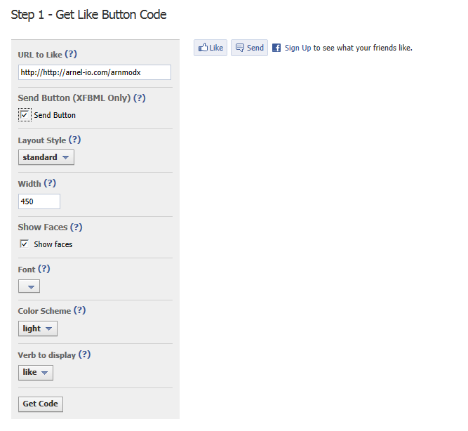 Facebook page to get like button code