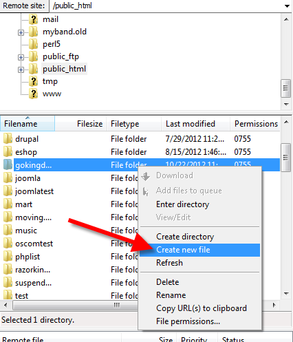 creating a new file in filezilla