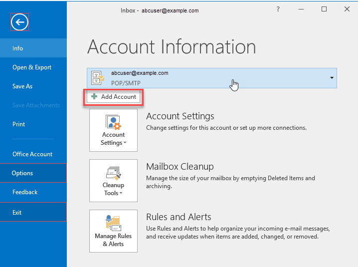 Outlook -Account information main screen