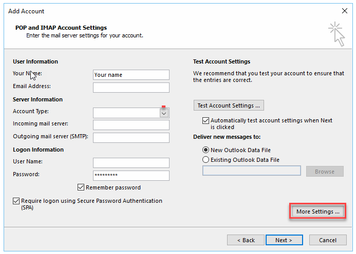 Click more settings to change ports or use Secure settings