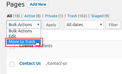 Select Move to Trash from Bulk Actions drop down menu