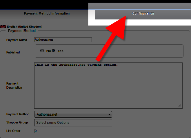 configure the authorize.net payment option