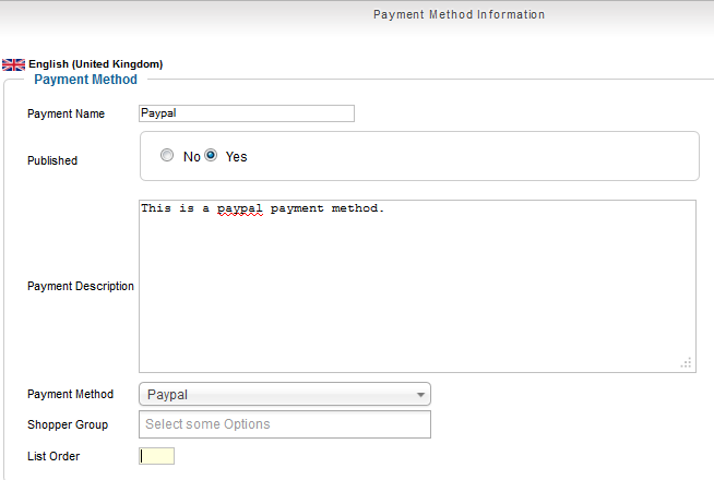 configure the payment method in VirtueMart