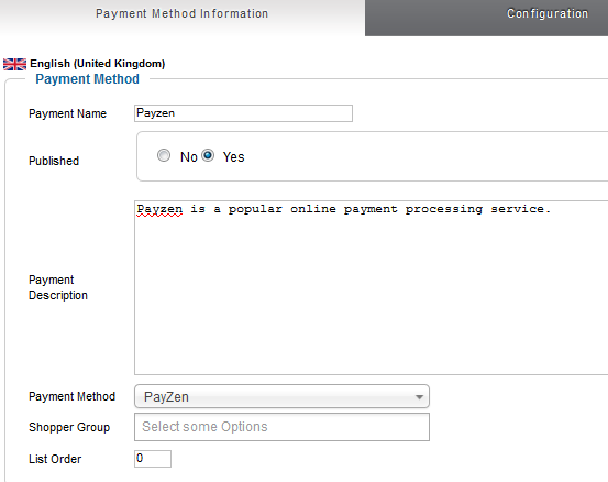 Setting up a new payment method in VirtueMart