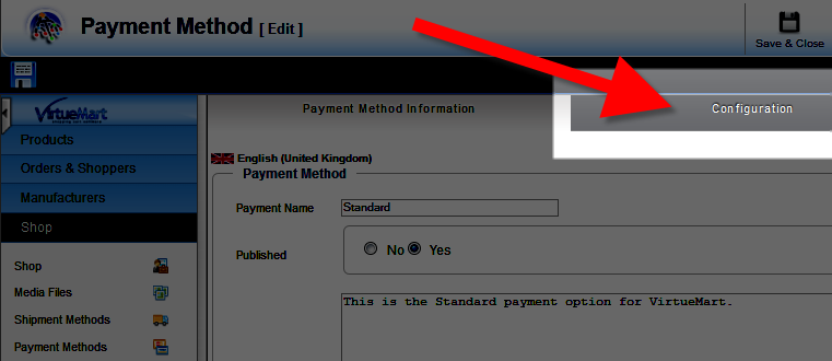 Configuring standard payment option in VirtueMart