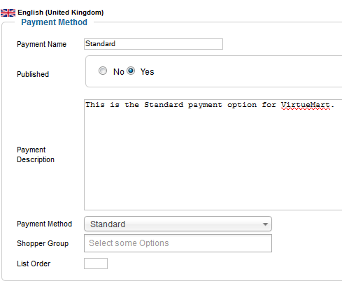 Setting up the standard payment option for VirtueMart