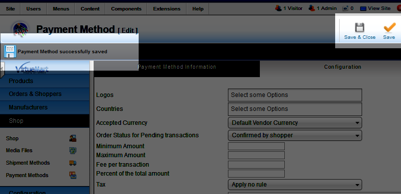 Saving the standard payment option in VirtueMart