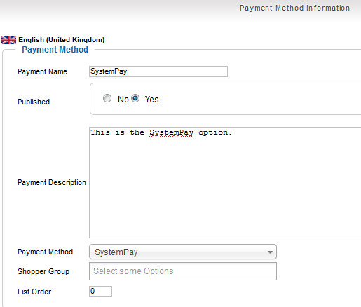 Payment method setup for systempay.