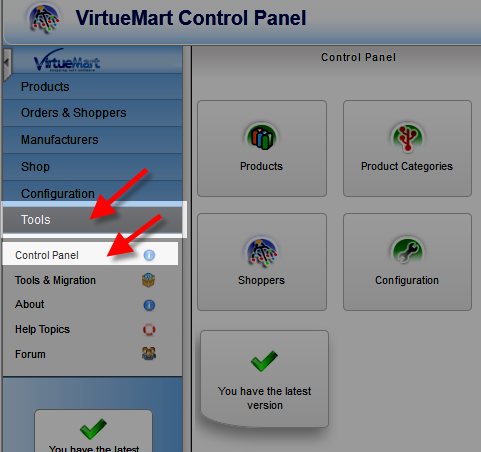 Virtuemart control panel menu
