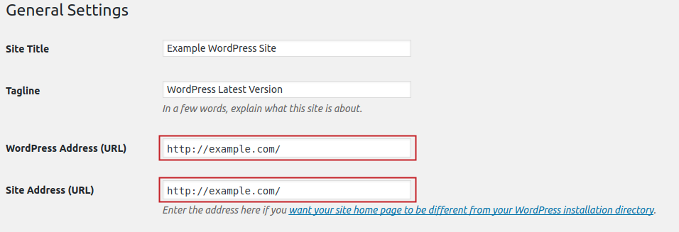 General Settings WordPress Address URL and Site Address URL fields filled in with new URL are highlighted