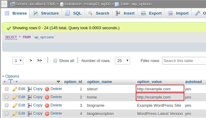 wp_options table option_value for option_names siteurl and home entries highlighted