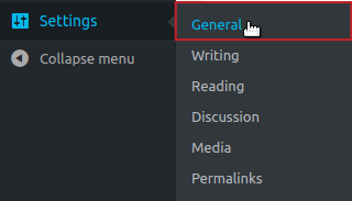 WordPress Dashboard Settings menu expanded and General menu option highlighted