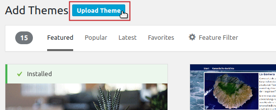Add New Theme Page Upload Theme button highlighted
