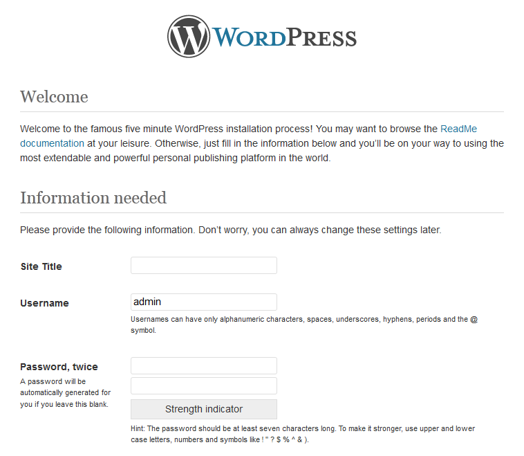 Wordpress Main Install screen top